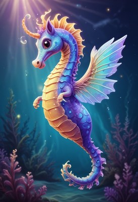 Magical seahorse with wings underwater