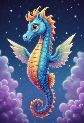 Blue seahorse flying through clouds