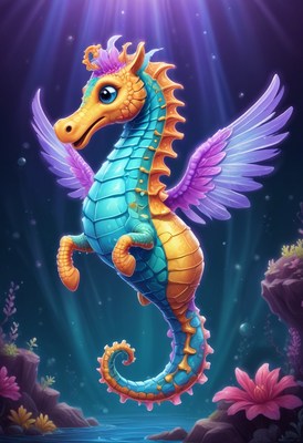 Winged seahorse underwater illustration