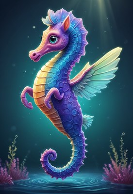 Colorful seahorse with wings underwater