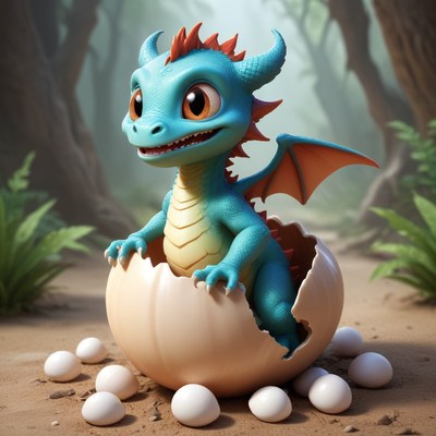 Baby dragon hatching in forest