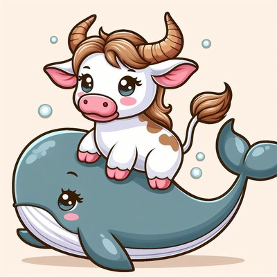 Cute cow riding a whale cartoon