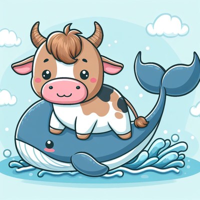 Cow riding whale in the ocean