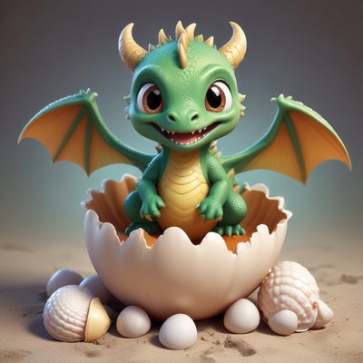 Green dragon hatchling in egg shell