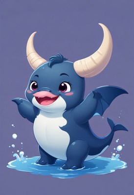 Cute blue dragon wading in water