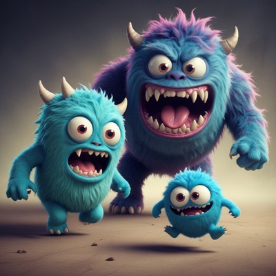 Three blue monsters