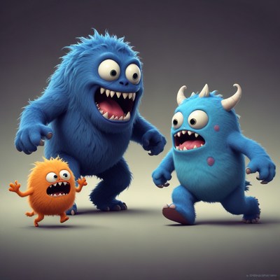 Three furry monsters running
