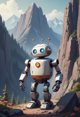 Robot stands in mountain valley