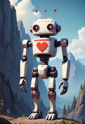 White robot with heart in mountain landscape
