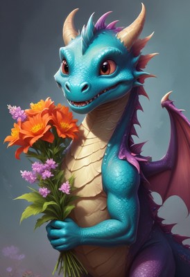 Blue dragon holding flowers