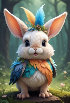 Feathered rabbit in forest