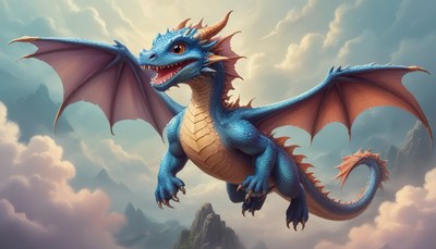 Blue dragon soaring through clouds