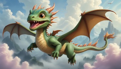 Green dragon flying over mountains