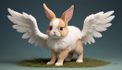 Bunny with wings on green grass