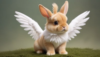 Bunny with white wings on green grass