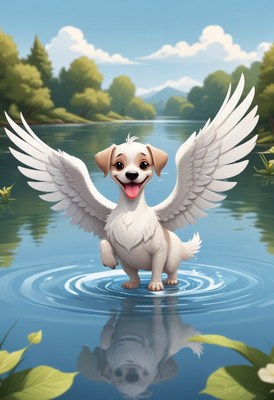 Winged dog standing in lake