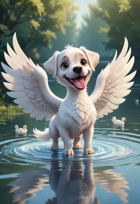 Angel dog in a lake