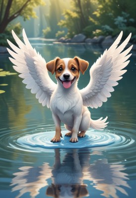 Angel dog in a forest stream