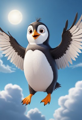 Happy penguin flying in sky