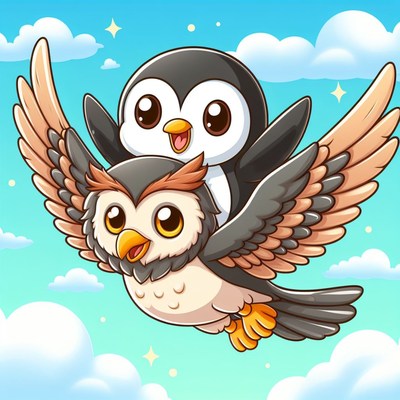 Penguin riding owl in flight