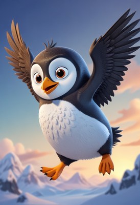 Penguin flying over snowy mountains