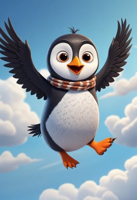 Happy penguin flying in sky