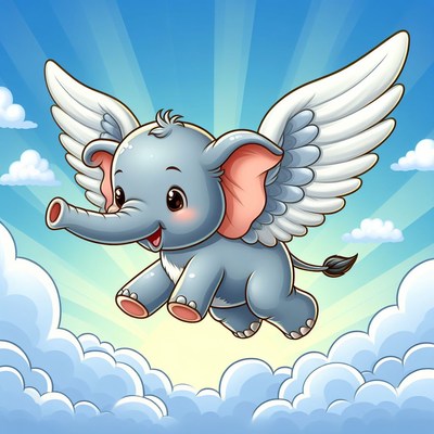 Flying elephant in clouds