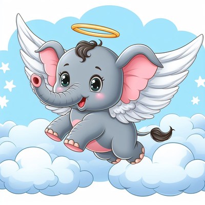 Angel elephant flying in clouds