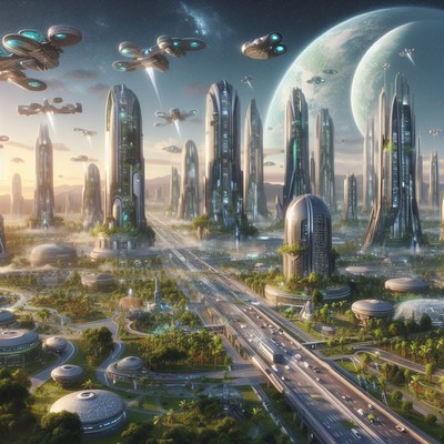 Futuristic cityscape with flying vehicles