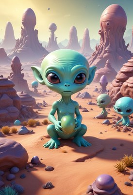 Alien holding egg on desert planet