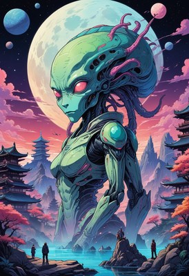 Alien overlooking japanese landscape