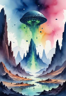 Alien ship over mountain range