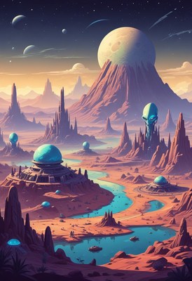 Alien cityscape with a large moon