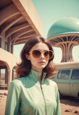 Woman in sunglasses near green van