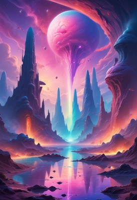 Alien planet landscape with lake