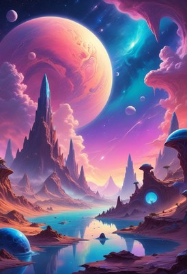 Alien landscape with large planet