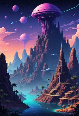 Fantasy landscape with pink structures