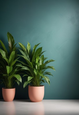 Two green plants in pink pots against a teal wall