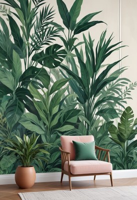 Tropical leaf wallpaper in living room