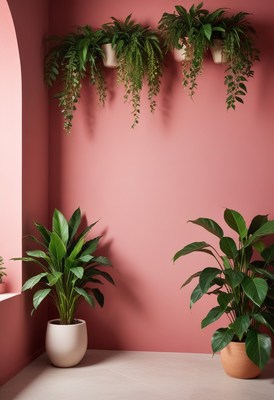 Pink wall with hanging and floor plants