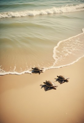 Sea turtles on sandy beach