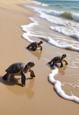 Baby sea turtles walking on beach