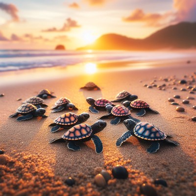 Sea turtle hatchlings at sunset