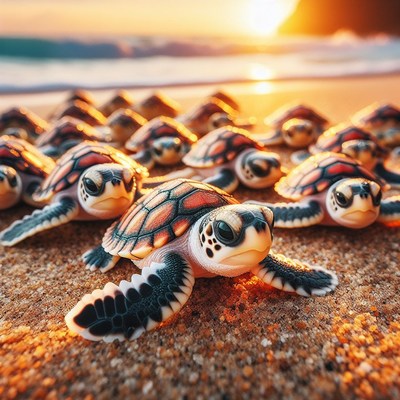 Sea turtle hatchlings at sunset