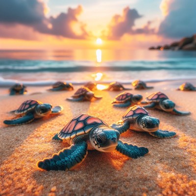 Baby turtles on beach at sunset