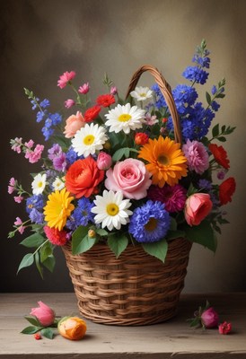 Colorful flower arrangement in basket