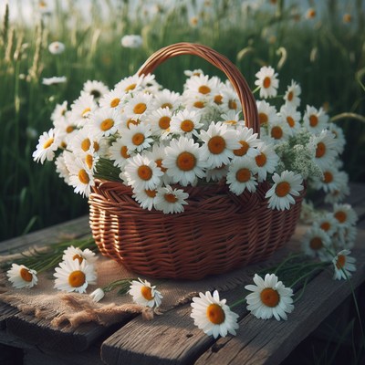 Daisies in a basket on wooden table