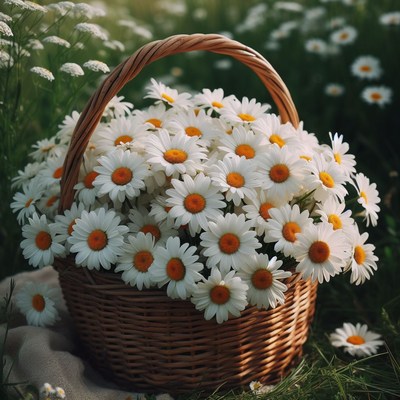 Wicker basket of daisies in a meadow