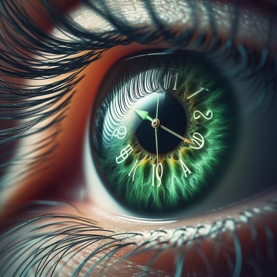 Close-up of eye with clock inside