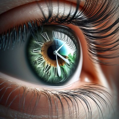 Close-up eye with clock reflection